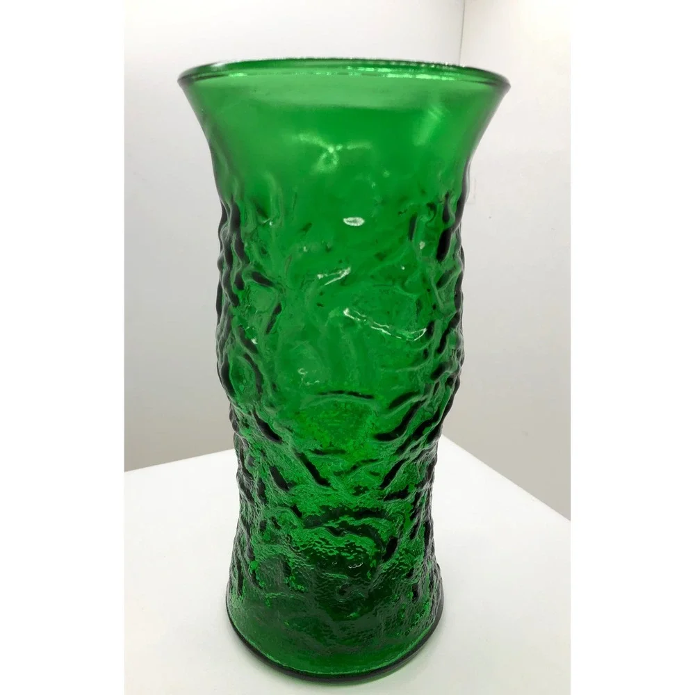 Emerald Green Textured Bark Glass Vase Mid Century Modern‎ Style Flared 9.5 inch